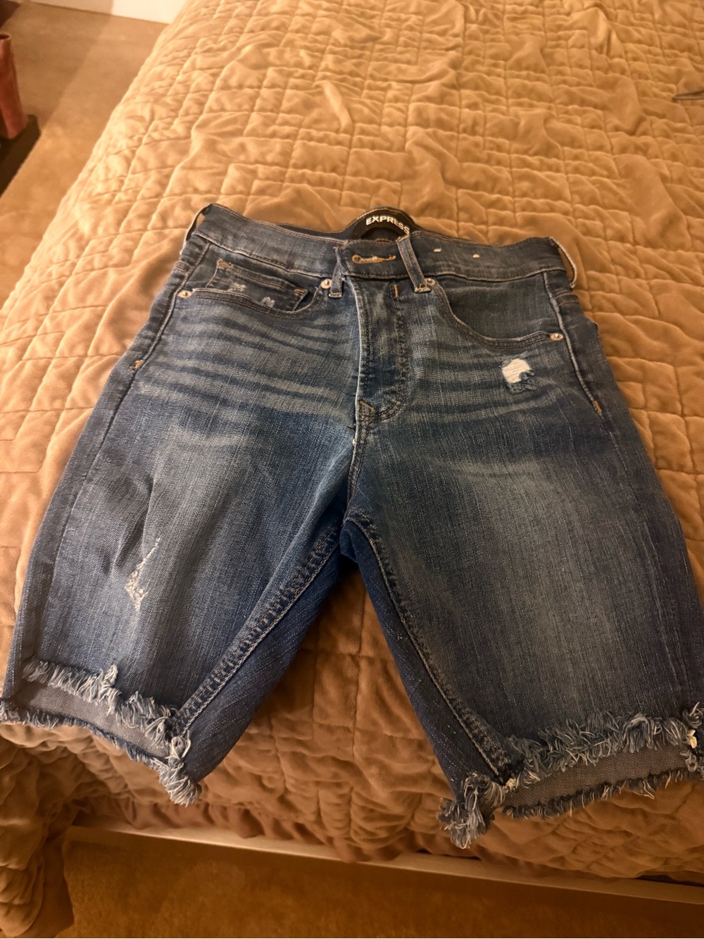 Express Women's Frayed Hem Distressed Denim Shorts - Blue